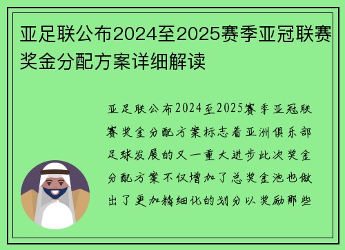 亚足联公布2024至2025赛季亚冠联赛奖金分配方案详细解读 亚足联公布2024至2025赛季亚冠联赛奖金分配方案详细解读
